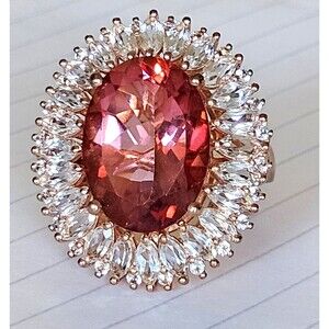 STS Coral Spinel White Topaz Ring Size 8.75 Large Statement Jewelry Cocktail 925